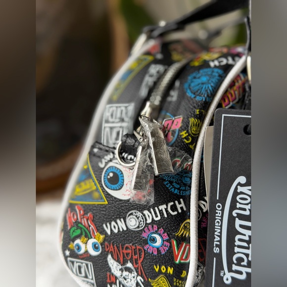 Von Dutch Jax Bowler Bag Black Graffiti Logo Print Y2K Satchel Tote NWT - Picture 5 of 11